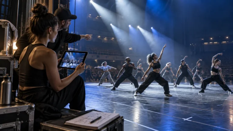 Backstage reviewers watch a tablet while a dance ensemble rehearses under bright blue-white stage spotlights in a theater.