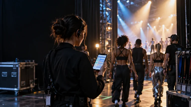 Backstage crew member wearing a headset checks a smartphone while performers walk toward a brightly lit stage beside equipment cases and lanyards.