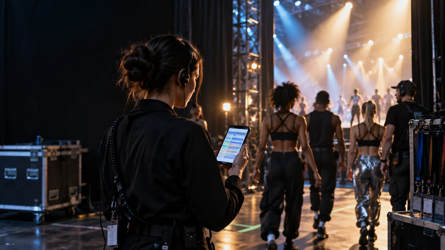 Backstage crew member wearing a headset checks a smartphone while performers walk toward a brightly lit stage beside equipment cases and lanyards.