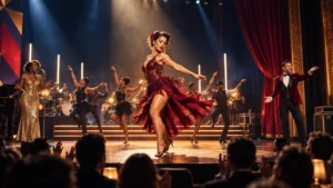 A red-costumed dancer performs center stage with a singer, host, musicians, and ensemble dancers under spotlights as an audience applauds.
