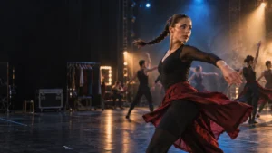 A dancer with a long braided ponytail performs a turn in a black costume and flowing burgundy skirt on a warmly lit rehearsal stage, with other dancers, costume racks, mirrors, and equipment cases behind her.