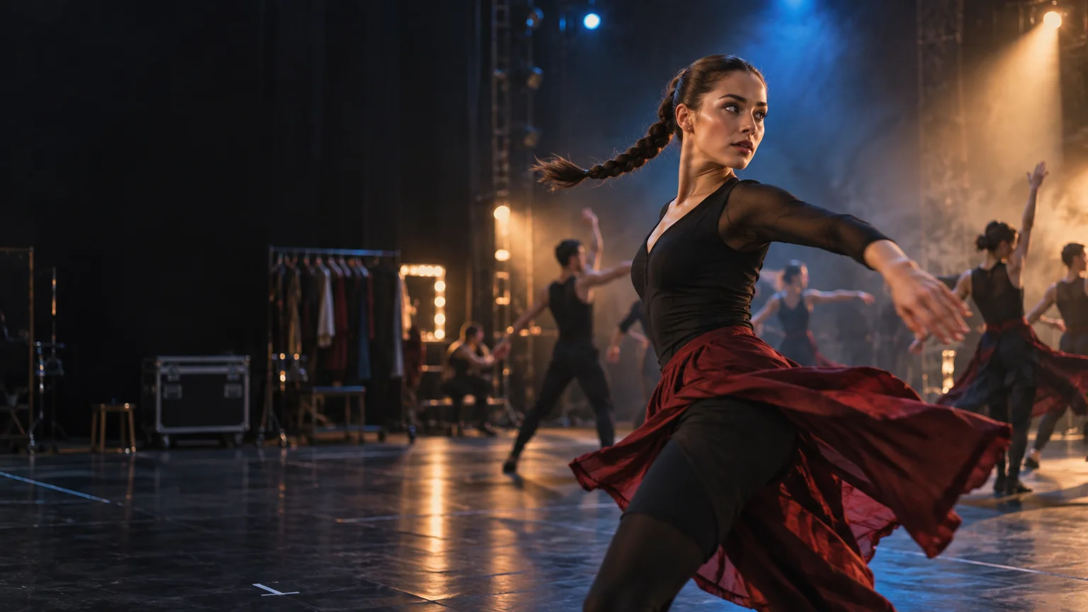 A dancer with a long braided ponytail performs a turn in a black costume and flowing burgundy skirt on a warmly lit rehearsal stage, with other dancers, costume racks, mirrors, and equipment cases behind her.