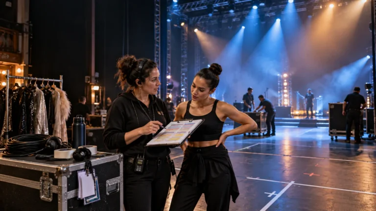 Backstage stage manager reviews a color-coded show schedule on a clipboard with a performer beside a lit stage, costumes, cables, and equipment cases nearby.