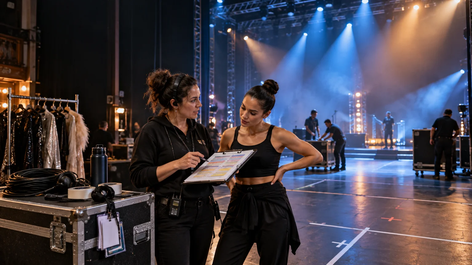 Backstage stage manager reviews a color-coded show schedule on a clipboard with a performer beside a lit stage, costumes, cables, and equipment cases nearby.