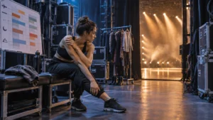 Performer resting backstage beside tour cases and costumes, with a color-block tour schedule board and a brightly lit stage in the background.