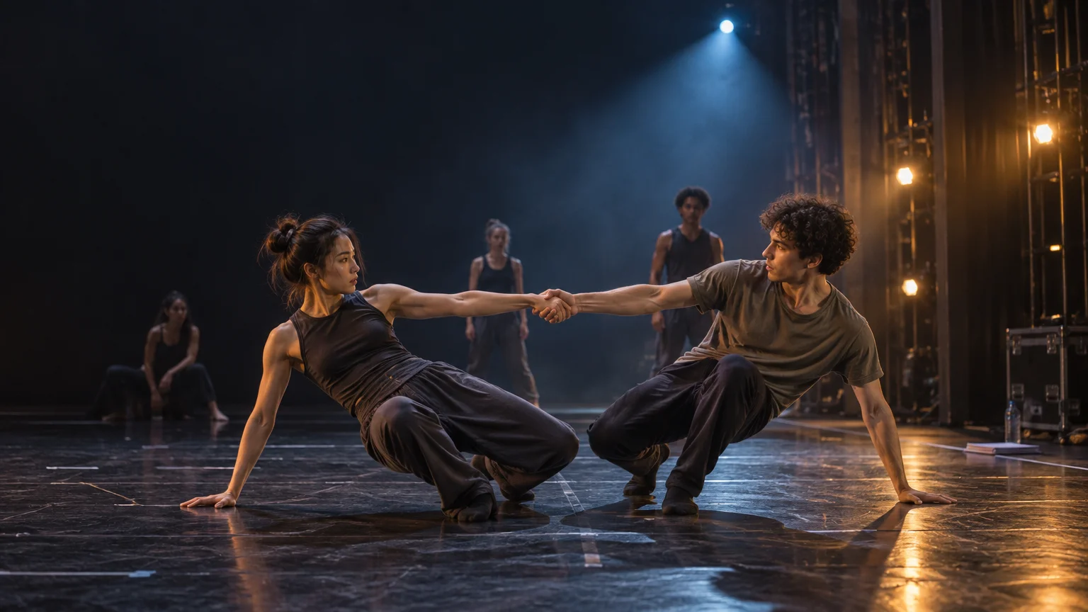 Two dancers rehearse a low counterbalance move while holding hands on a spotlighted stage, with other performers and equipment cases in the background.