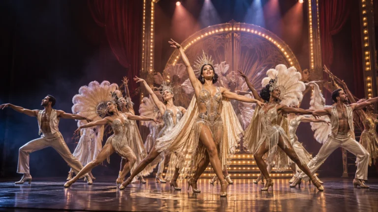 Ensemble of stage dancers in sparkling gold costumes and feathered headdresses performing in front of an illuminated art-deco backdrop.